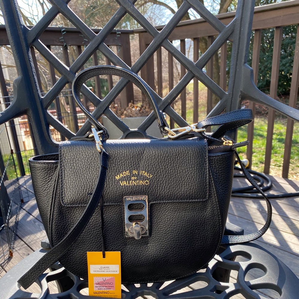 VALENTINO Black Pebbled Leather Claire Satchel